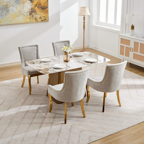 English Elm Chenille Modern Dining Chair with Curved Gold-Plated Legs, Rivet Trim, Textured Upholstery Comfort Beige W1143P332684