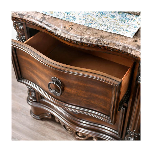 English Elm Genuine Marble Top Nightstand with 2 Drawers, Brown Cherry — Carved Rope Trim, Antique Bronze Pulls B016P251479