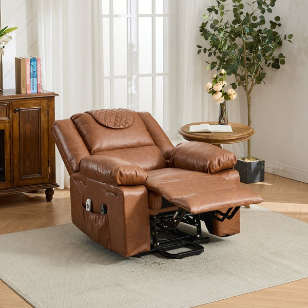 English Elm Brown PU Remote-Controlled Heating Massage Recliner for Seniors with Assist Lift, Cup Tray & Remote Controls W570P320458