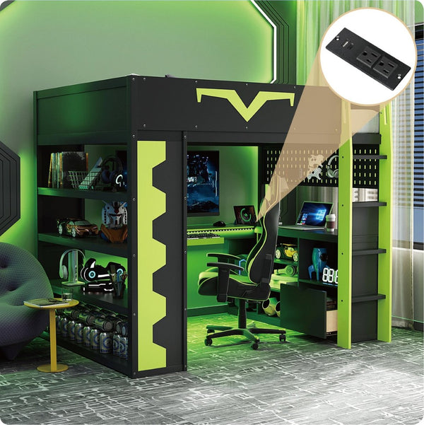 English Elm Full Size Gaming Loft Bed with Desk Rgb Lighting Power Outlet and Storage Drawer Green LT000285AAF