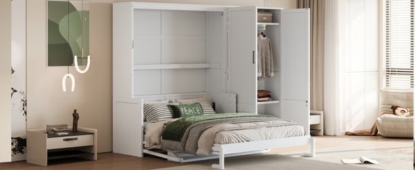 English Elm Queen Murphy Bed with Wardrobe Cabinet Hydraulic Lift Mdf Space Saving Wall Unit White LP000581AAK-1