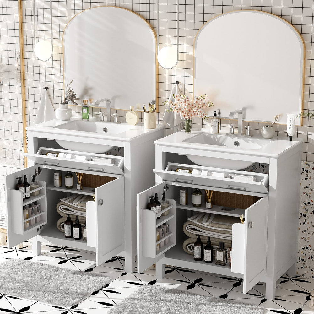 English Elm 60" Modern Bathroom Vanity Set with Double Ceramic Sinks, Soft-Close Doors, Flip Drawer & Storage White N729P000002K