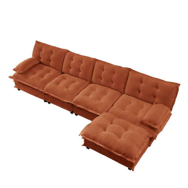 English Elm 138" Chenille Modular Cloud Sectional with Ottoman Deep Seat Lounge Sofa for Apartments Orange W714S01741
