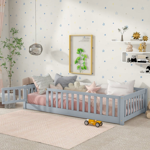 English Elm Twin Solid Rubberwood Floor Bed with Full Perimeter Safety Rails for Toddler Rooms Grey W504P296776