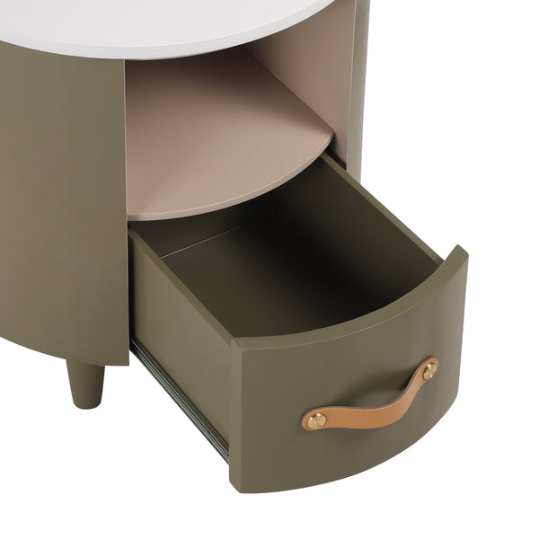 English Elm Christopher Knight Home® - Contemporary Round Nightstand with Drawer & Open Shelf, Curved Bedside Table with Leather Handles Green 22 L x 22 W x 19.75 H N761P285708F