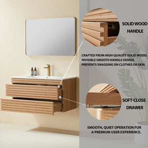 English Elm 36" Wall Mounted Floating Single Vanity Natural Walnut with Ceramic Sink, 2 Drawers, Fully Assembled Elegance W1826P308971