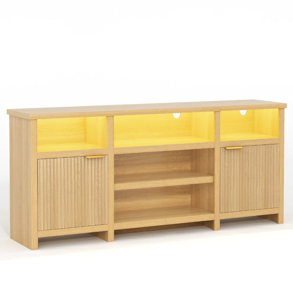 English Elm Highboy Media Console with Led Lighting Fluted Panels and Storage for Living Room T3773P416497