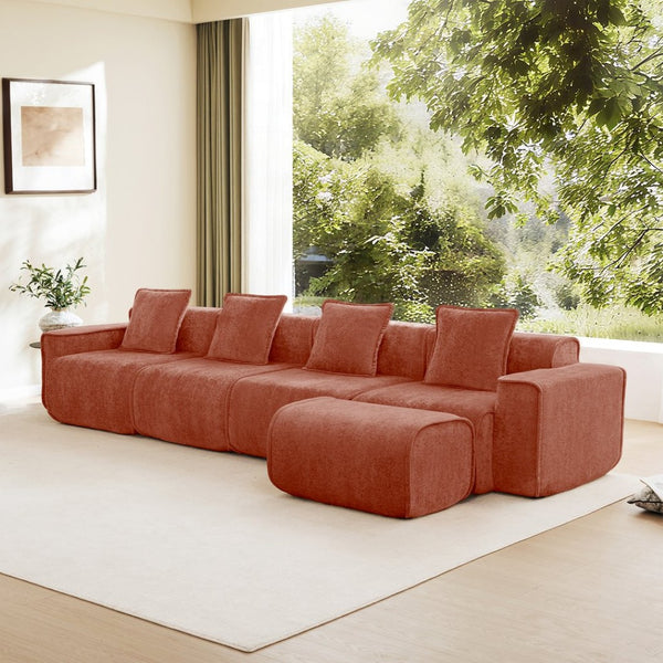 English Elm Streamlined Modular L-shaped Sectional Velvet Sofa with Ottoman and Tailored Piping Detail Red W3041S00362