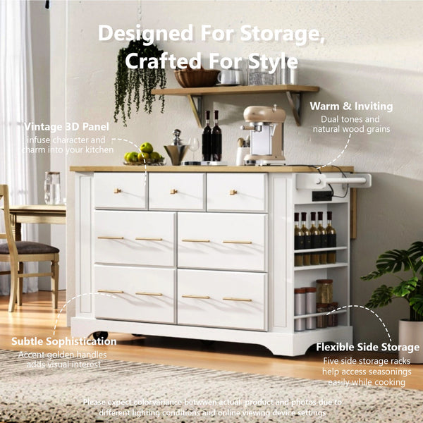 English Elm K&K Rustic Kitchen Island Cart with 6 Drawers, Pull-Out Trash Cabinet, Drop Leaf & Built-In Charging Station White N707P307292W