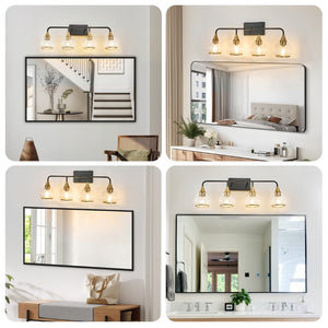 English Elm 31" Four Light Matte Black Brass Vanity Sconce Clear Glass Industrial Bath Wall Fixture W1340P266138
