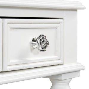 English Elm Retro Octagonal Mirror Vanity Desk with Velvet Jewelry Tray, 3 Carved Drawers, Elegant White Console Table (43.6") N844P292482A