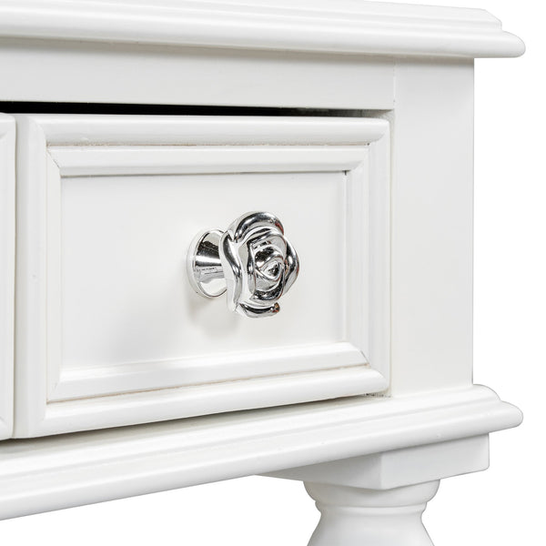 English Elm Retro Octagonal Mirror Vanity Desk with Velvet Jewelry Tray, 3 Carved Drawers, Elegant White Console Table (43.6") N844P292482A