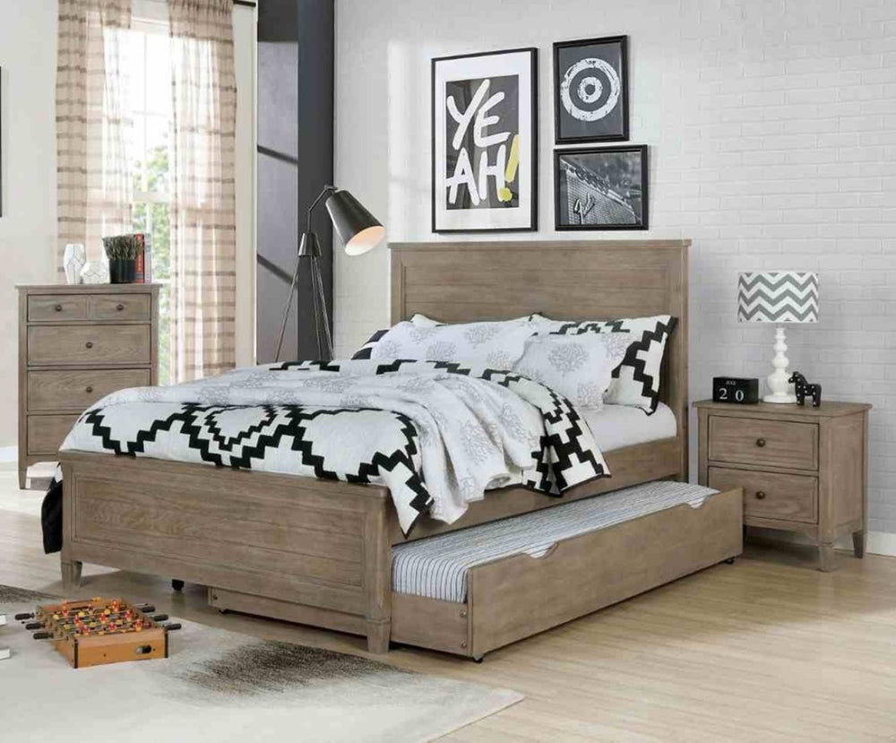 English Elm Transitional Twin Bed Set with Trundle and Nightstands Wire-brushed Wood Grain Finish B2741S00852