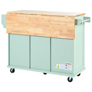 English Elm Kitchen Cart with Drop-Leaf Rubberwood Countertop, Rolling Island with Cabinet, Drawers & Racks for Dining Room - Stylish Durable Storage Solution Mint Green WF298028AAE