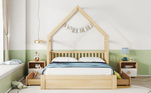 English Elm Wood Queen Size House Platform Bed with Guardrail and 2 Drawers — Charming Kids’ Playful Storage Bedframe Natural GX000726AAN