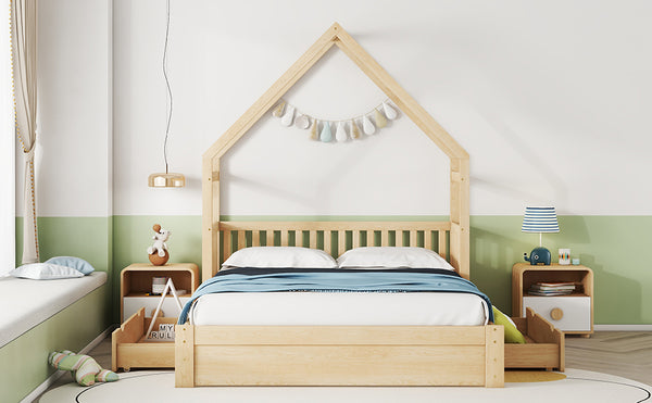 English Elm Wood Queen Size House Platform Bed with Guardrail and 2 Drawers — Charming Kids’ Playful Storage Bedframe Natural GX000726AAN