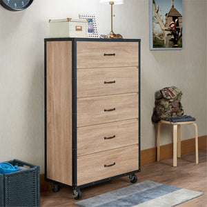 English Elm Weathered Light Oak 5-Drawer Chest on Industrial Casters — Smooth Metal Glide Drawers, Ample Storage Space B062P209019