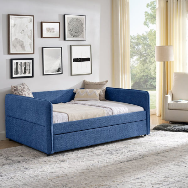 English Elm Full Size Boucle Daybed with Pop up Trundle Tufted Upholstered Sofa Sleeping Blue W1413S00176