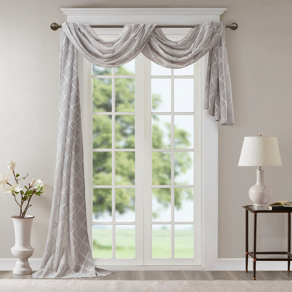 JLA Home Madison Park - Diamond Sheer Embroidered Window Scarf Delicate Diamond Motif Sheer Valance Softly Diffuses Light Grey MP40-4942