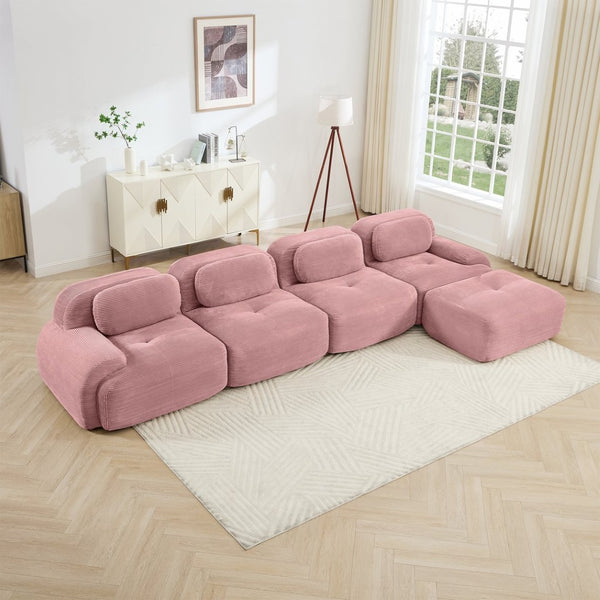 English Elm 4-seat Corduroy Modular Sectional with Wide Armrests and Chaise for Living Rooms W714S01411