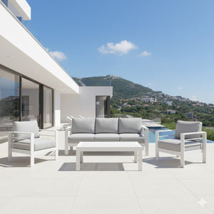 English Elm 4-piece Aluminum Outdoor Conversation Set with Rust-proof Matte Frame and Wpc Coffee Table Grey+White B082S00085