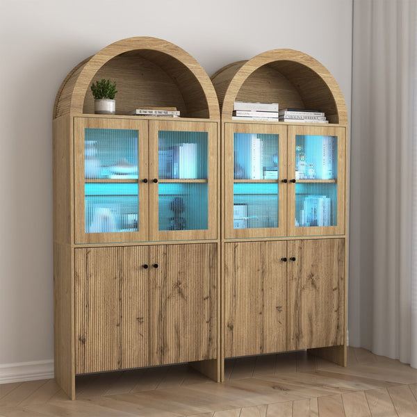 English Elm Natural Wood Grain Mdf Dome Cabinet with Led Lighting for Snack and Beverage Storage W3226P279091