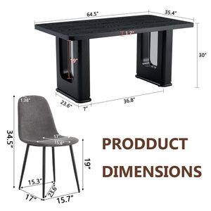 English Elm Table 7-Piece Dining Set: Stylish Black Wood Texture Table With 6 Dark Gray Linen-Cotton Chairs W1151S04319-GIGA