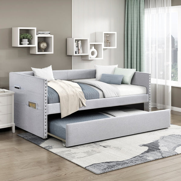 English Elm Modern Upholstered Daybed with Pull Out Trundle Nailhead Trim and Side Storage Pockets Light Gray B011P419504
