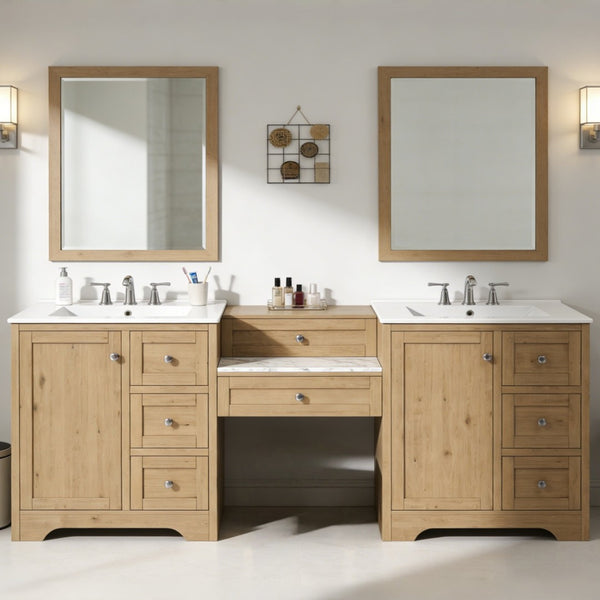 English Elm 84" Double Sink Vanity with Stone Countertop Six Soft Close Drawers and Silver Knobs Wood N817P404196B