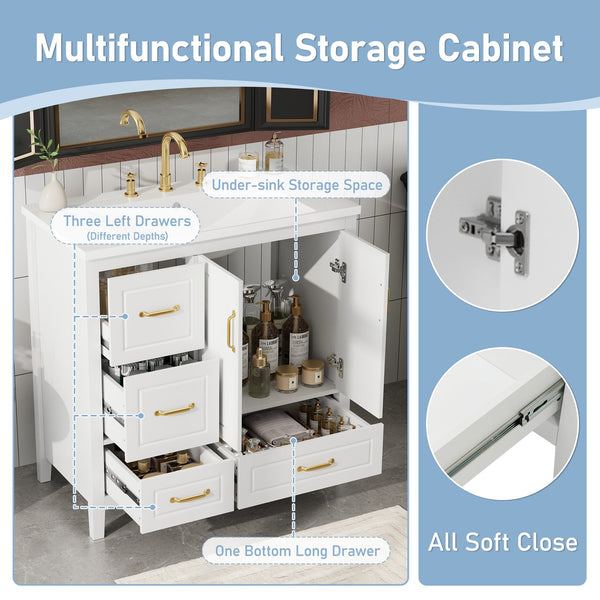 English Elm Christopher Knight Home® - 36" Freestanding Bathroom Vanity with Resin Sink, Soft-Close Doors & Drawers, Gold Alloy Handles, Spacious Storage and Easy Plumbing Access White N759P292552K