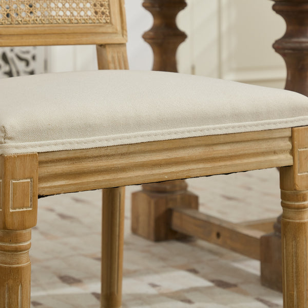 English Elm French Louis Dining Chair Set of 2 with Rattan Square Backrest, Carved Solid Wood Frame, Cushioned Elegance Beige W1143P335056