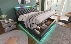 English Elm King Upholstered Bed with Surround LED, App/Remote Control, Hydraulic Storage, USB Type-C Charging Black N736P188808B