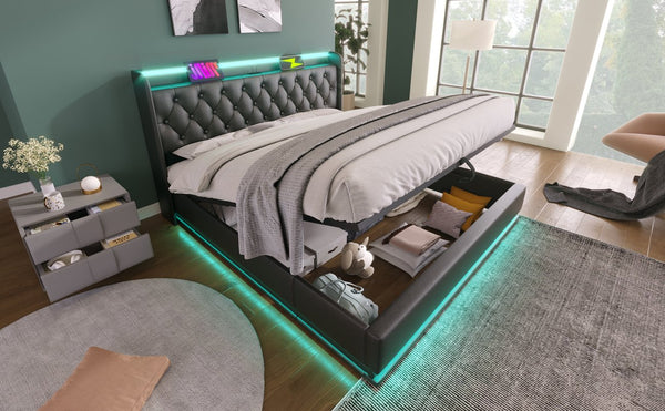 English Elm King Upholstered Bed with Surround LED, App/Remote Control, Hydraulic Storage, USB Type-C Charging Black N736P188808B