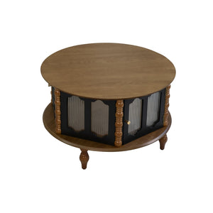 English Elm 31.5-inch Round Carved Wood Coffee Table Vintage Distressed Finish Living Room Accent W3935P406107