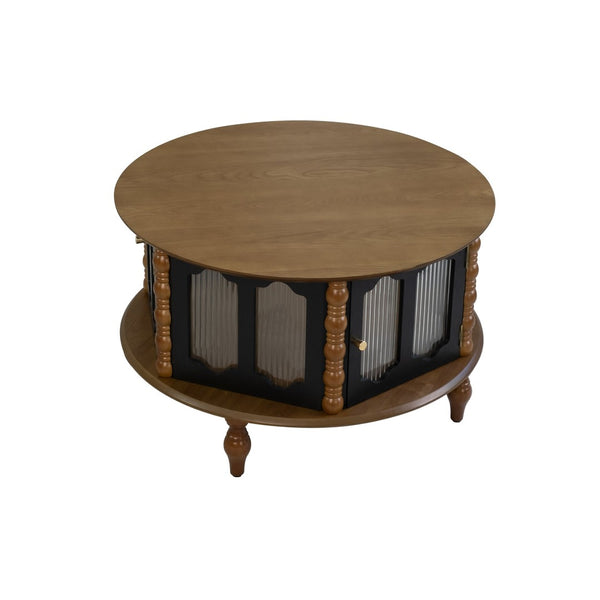 English Elm 31.5-inch Round Carved Wood Coffee Table Vintage Distressed Finish Living Room Accent W3935P406107