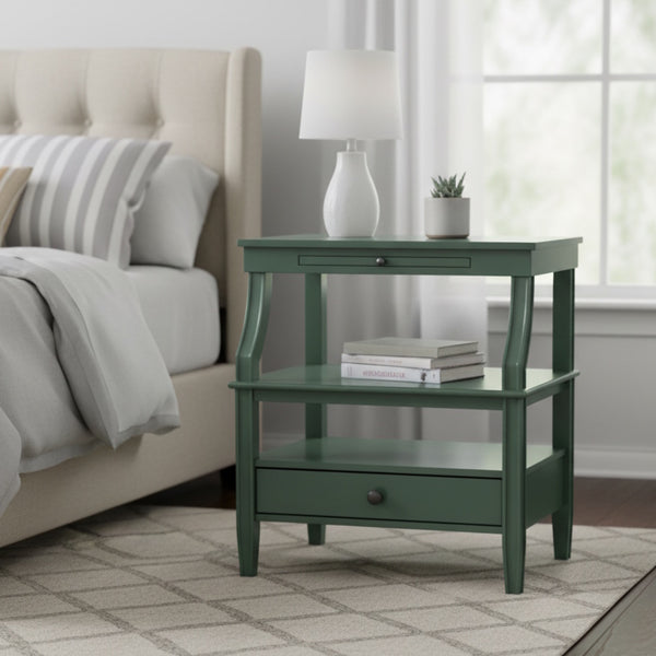 English Elm Newland Vintage Green Storage Nightstand with Drawer, Pull-Out Tray, Fluted Legs & Ample Shelf Space B050P376940