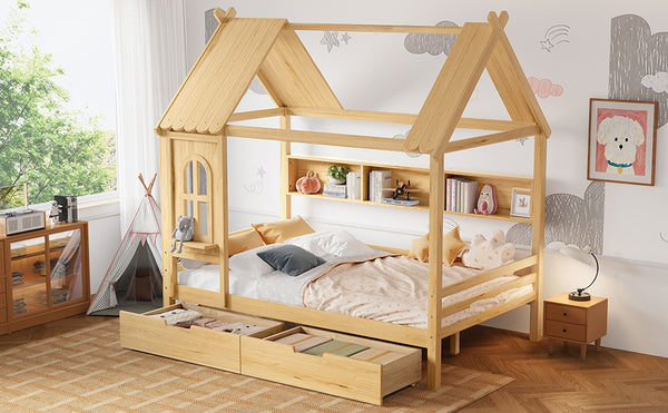 English Elm Full House Solid Wood Platform Bed with Window Roof, Under-Bed Drawers & Shelves for Kids' Rooms Natural W1580S00268