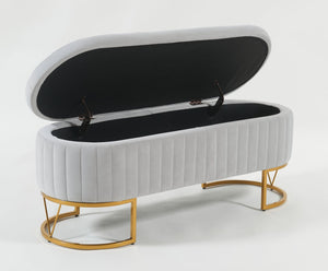 English Elm Oval Velvet Storage Bench with Metal Legs — Luxurious Upholstered Ottoman with Lift-Top Storage, 300lb Capacity, Modern Decorative Seating Gray T3903P372932