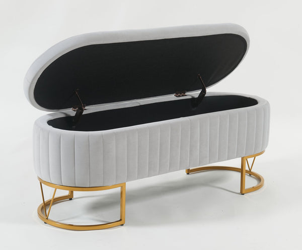 English Elm Oval Velvet Storage Bench with Metal Legs — Luxurious Upholstered Ottoman with Lift-Top Storage, 300lb Capacity, Modern Decorative Seating Gray T3903P372932