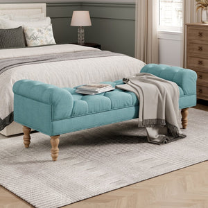 English Elm Button-tufted Upholstered Bench with Oak Legs Diamond Stitching for Bedroom or Entryway Dusty Teal N761P304406F