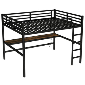 English Elm Metal Queen Loft Bed With Integrated Desk, Power Outlet & Led Lights - Space-Saving Black Design W1580S00107