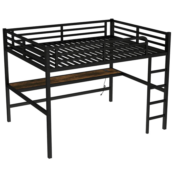 English Elm Metal Queen Loft Bed With Integrated Desk, Power Outlet & Led Lights - Space-Saving Black Design W1580S00107