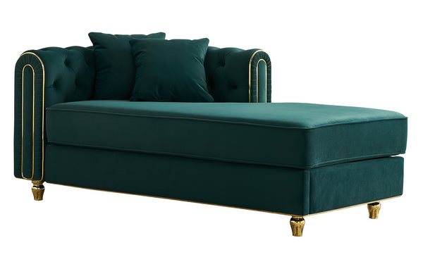 English Elm 66.9''W Velvet Chaise Lounge with Tufted Back and Gold Trim, Luxury Modern Sofa for Living Room Green W579P224636
