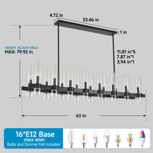 English Elm 63 Inch Matte Black Linear Chandelier 16 Seeded Glass Shades Modern Farmhouse Dining W5008P392739
