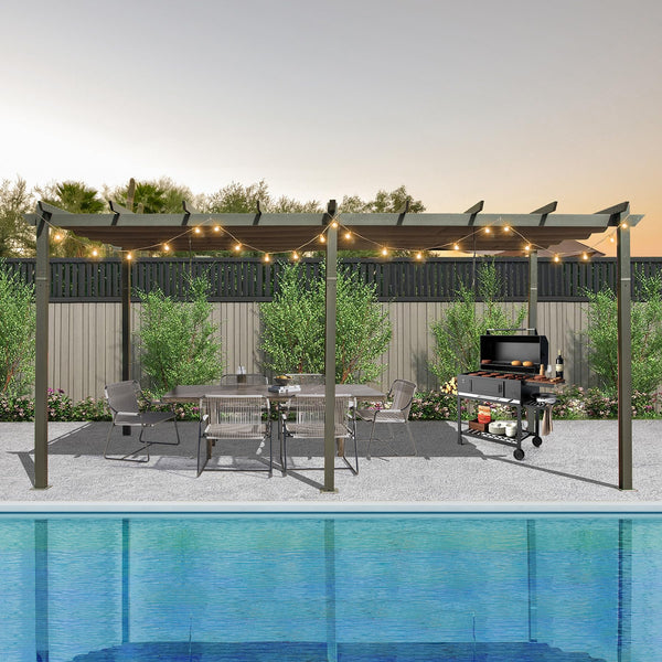English Elm 11 11 X 20 FT Retractable Pergola with UV & Water-Resistant Dual Canopies, Aluminum Frame, Dark Gray W1859S00080