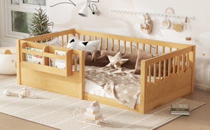 English Elm Twin Low Profile Kids Floor Bed Pine Wood Frame with Safety Rail and Built in Bookshelf Natural W1580P373137