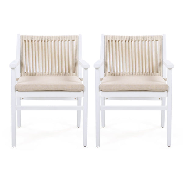 English Elm Christopher Knight Home® - Outdoor Acacia Wood Dining Chairs Set of 2 with Woven Rope Back, Waterproof Cushions, 400lb Capacity Beige+White N779P224995W