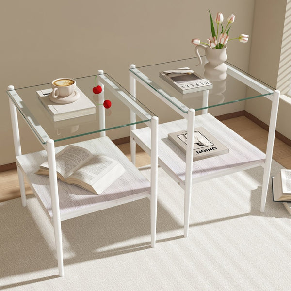 English Elm Set Of 2 Modern Rectangle End Tables With Tempered Glass Top, Mdf Shelf & Sturdy Iron Legs For Living Room W241P184247-GIGA