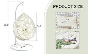 English Elm 76.8-inch Hand Woven Rattan Egg Swing Chair Indoor Outdoor with Cushion Lumbar Pillow White W1512P498593