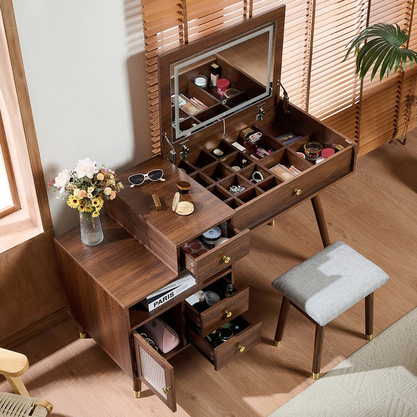 English Elm 3-in-1 Vanity Desk with LED Flip Mirror, Compact Makeup/Dressing Table with Storage Drawers & Stool Walnut N844P291656W
